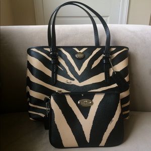 Coach zebra coated tote with matching wristlet🖤